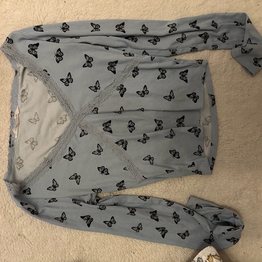 Butterfly Print Women's Sleepwear Top - Blue